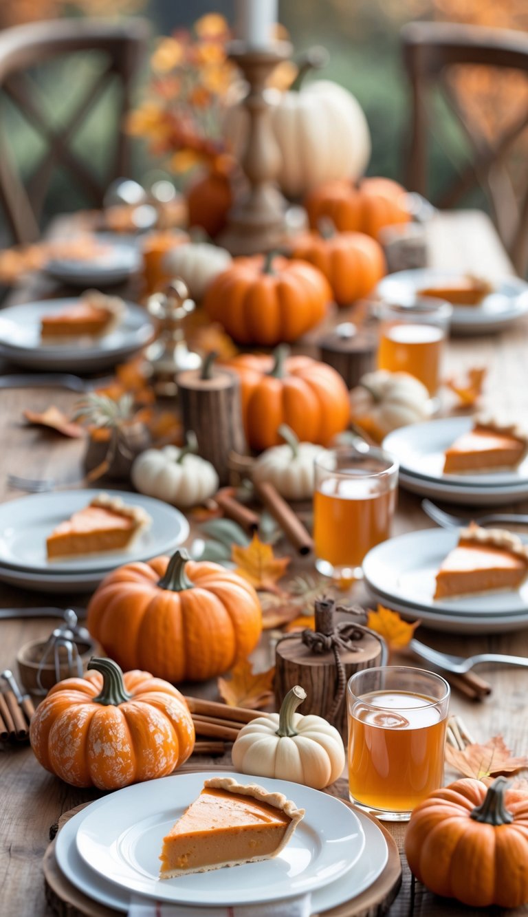 A tasting table with pumpkin pie slices, glasses of apple cider, and small decorative pumpkins arranged for a baby shower.